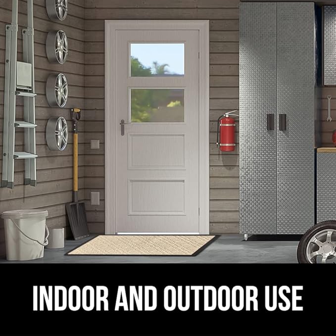 GORILLA GRIP 100% Waterproof All-Season WeatherMax Doormat 35x23, US Designed Natural Rubber, Stain and Fade Resistant, Low Profile Indoor Outdoor Door Mats, Easy Clean Patio Mat, Modern Latte
