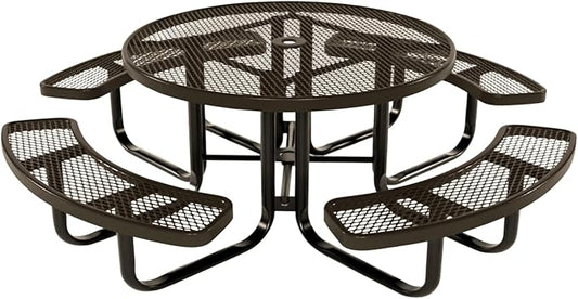 Coated Outdoor Furniture Heavy-Duty Portable Outdoor Kids Table with Umbrella Hole, Expanded Metal Kids Picnic Table, Commercial-Grade, Made in America (46 In, Round, Childrens, Textured Brown)