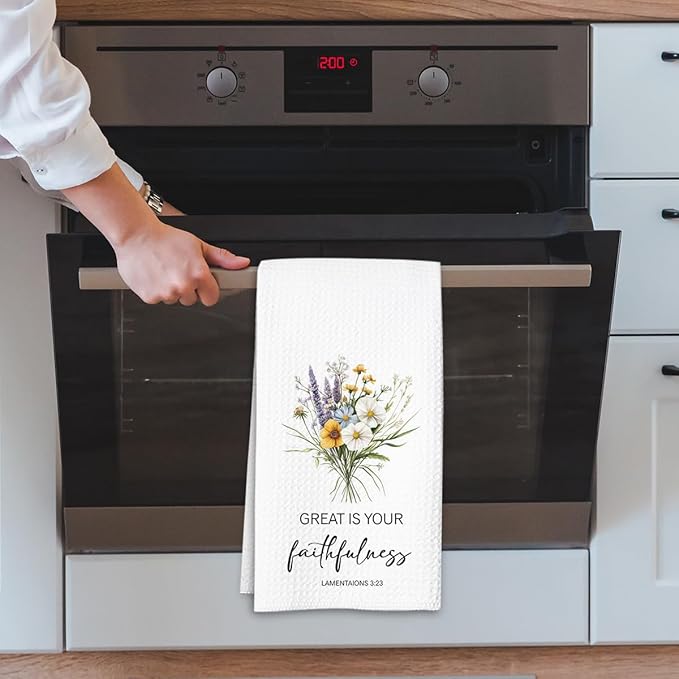 Christian Kitchen Towel, Waffle Weave Microfiber Scripture Hand Towel, Great is Your Faithfulness Bible Verse Farmhouse Decor for Kitchen Bathroom, Inspirational Gift for Women