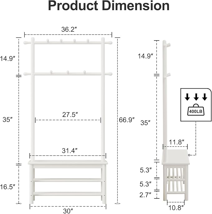 Coat Rack with Shoe Storage, Wooden Hall Tree with Bench, 11 Hooks and 2-Tier Storage Shelves, 3-in-1, Entryway Bench with Coat Rack (31.5"-White)