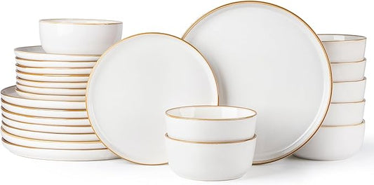 GBHOME Ceramic Dinnerware Sets for 8, 24 Pieces Stoneware Plates and Bowls Sets, Scratch Resistant Dishes, Dishwasher & Microwave Safe, Reactive Glaze-Pearl White