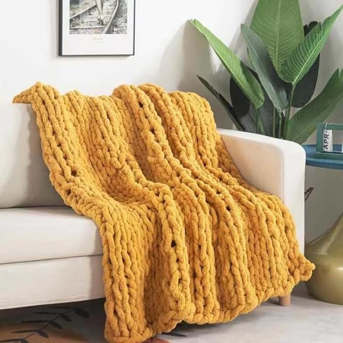 Chunky Knit Blanket Throw 48"*71", Hand Knitted Warm Chenille Throw Blanket, Home Decor Soft Thick Yarn Cable Knit Blanket,Soft Breathable Fleece Banket Christmas for Couch Bed Sofa Best Gift (Yellow)