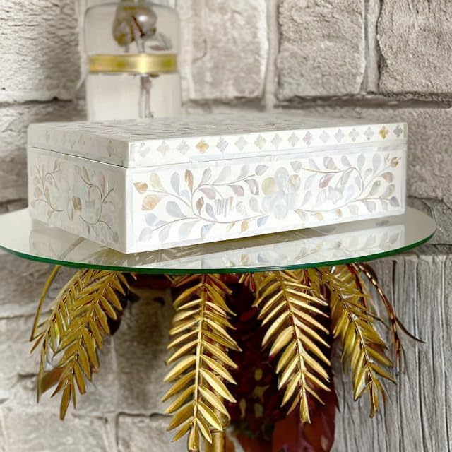 Decorative Storage Box Of Mother Of Pearl Inlay Floral Design Wooden Storage Box For Home Decoration For Living Dining & Bedroom (White_12x8x5 inch)