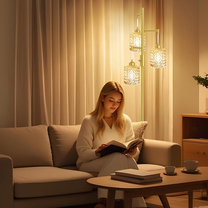 Gold Floor Lamp for Living Room Bedroom, 3-Light Vintage Standing Lamp Stained Glass, Mid Century Modern Tall Floor Lights, Amber Glass Shade with Golden Base