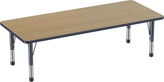 FDP Rectangle (30 x 72 inch) Classroom Table with Adjustable Chunky Toddler Legs (15-24 in); Preschool, Kinder and Daycare Furniture - Pasadena Oak Top/Navy Edge and Legs