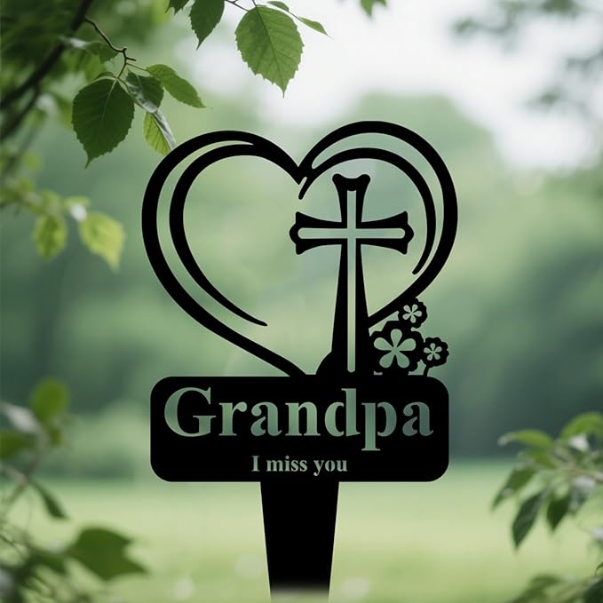 Grandpa Memorial Grave Stake, Cemetery Decorations for Grave Markers 12.5 x 7.2 inch Heart Metal Sympathy Stakes Graveside Plaque Decor Sign for Grandpa Graves, Yard, Garden - Black-Grandpa