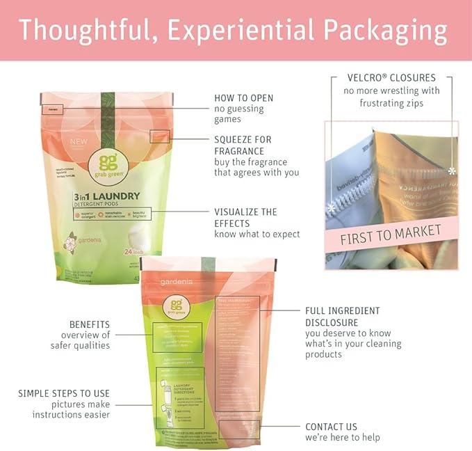 Grab Green 3-in-1 Laundry Detergent Pods, 24 Count, Gardenia Scent, Plant and Mineral Based, Superior Cleaning Power, Stain Remover, Brightens Clothes