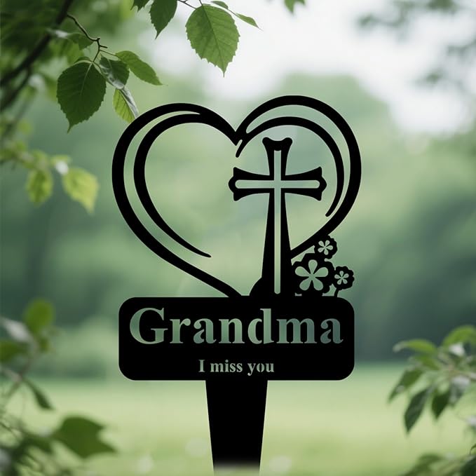 Grandma Memorial Grave Stake, Cemetery Decorations for Grave Markers 12.5 x 7.2 inch Heart Metal Sympathy Stakes Graveside Plaque Decor Sign for Grandma Graves, Yard, Garden - Black-Grandma