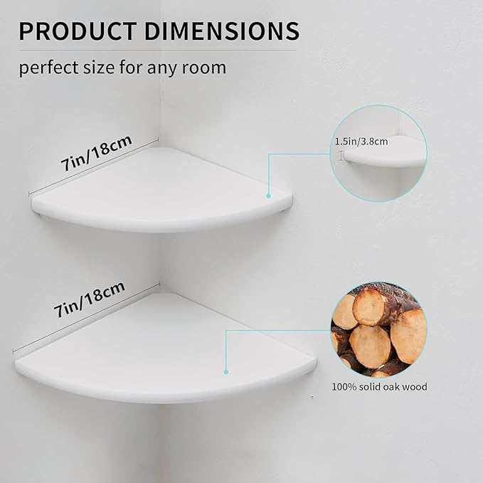 Corner Shelves, Floating Corner Shelf, Set of 2 Solid Oak Wood Wall Shelves, Round End Wall Mount with Wire Hole Shelving for Small Plant for Bedroom Kitchen, Living Room (White, 7.1in 2P)