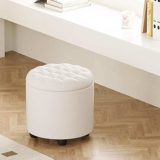 Furniliving Upholstered Button Tufted Round Ottoman, PU Storage Ottoman Round, Removable Lid Convenient Footstools, Classic Ottoman with Storage for Vanity, Nursery Room，IvoryWhite