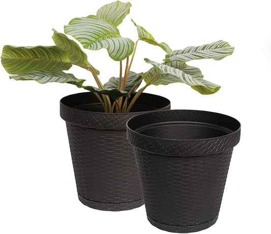 Elly Décor Set of 2 12 inch Round Saucer Modern Self Watering Planter Plates, Pots with Rattan-Like Finish, 12x12 Gray
