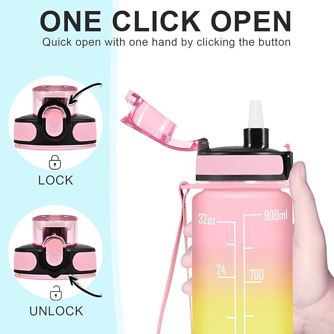 Enerbone Water Bottle, Leakproof BPA & Toxic Free, Motivational Water Bottle with Times to Drink and Straw, Fitness Sports Water Bottle with Strap for Office, Gym, Outdoor Sports