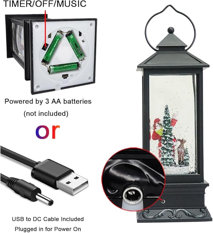 Eldnacele Christmas Snow Globe Lantern with Music, Battery Operated Lighted Swirling Glitter Water Lantern with Timer for Christmas Home Decoration, Santa