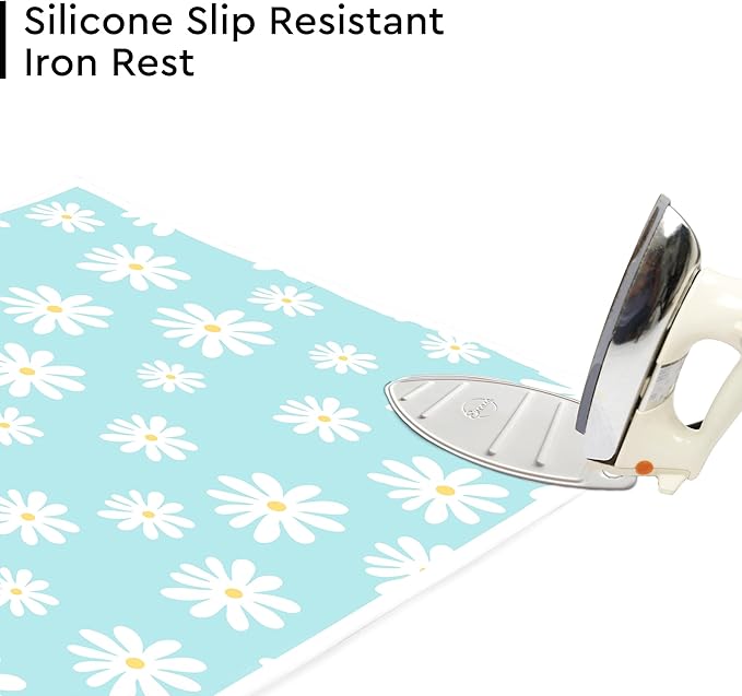 Encasa XO Ironing Mat/Pad (Large 48"x28") with 3mm Padding & Silicone Iron Rest for Steam Pressing on Tabletop or Bed - Heat Resistant, Portable, Quilting & Travel Blanket - Daisy Blue