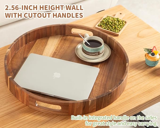 Extra Large Round Ottoman Coffee Table Tray, 22" Big Kitchen Serving Trays for Huge Ottoman Counter Giant Decorative Organizer, Huge Wood Serveware Tray with Built-in Handle for Big Job