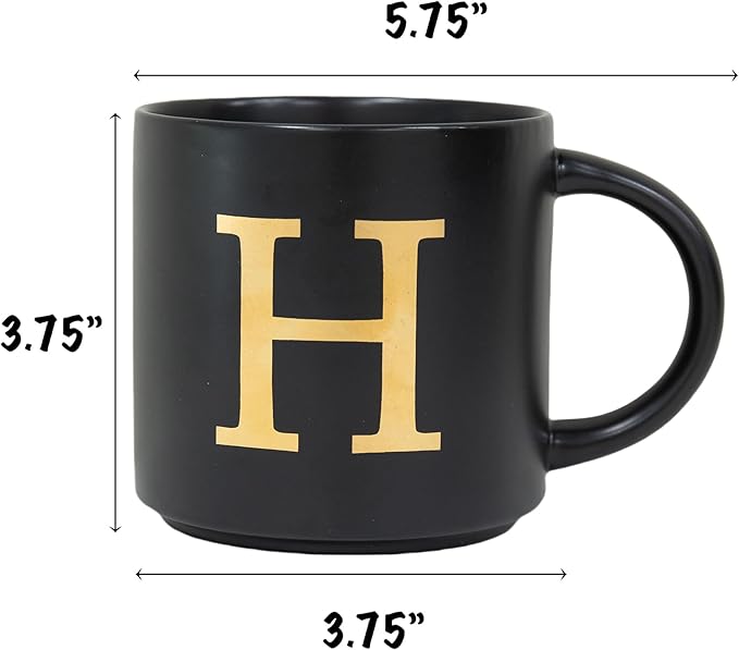 COLLECTIVE HOME - Monogram Ceramic Mugs, 15 oz Golden Initial Black Coffee Cups, Elegant Alphabet Tea Mugs, Elegant Personalized Mug with Gift Box, Unique Mug with Double Side Capital Lette (H)