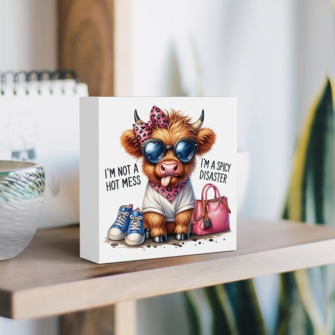 Funny Cute Highland Cow Baby Decor, Cow With Pink Bow, Highland Cow Gifts for women, Western Highland Cow Nursery Decor, Wooden Box Decor Sign for Home Farmhouse Office Living Room Table Shelf