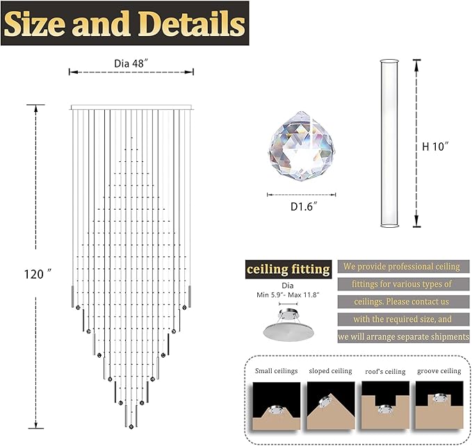 Flashing God D48''X H120''High Ceiling Chandelier Crystal Raindrop Chandeliers Large Villa Chandelier Entrance Foyer Hight Ceiling Lighting LED Dimmable 2700K-4500K-6000K 24 LED Bulbs Include