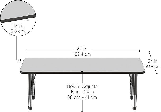 FDP Rectangle Activity School and Classroom Kids Table (24 x 60 inch), Chunky Toddler Legs, Adjustable Height 15-24 inches - Gray Top and Black Edge