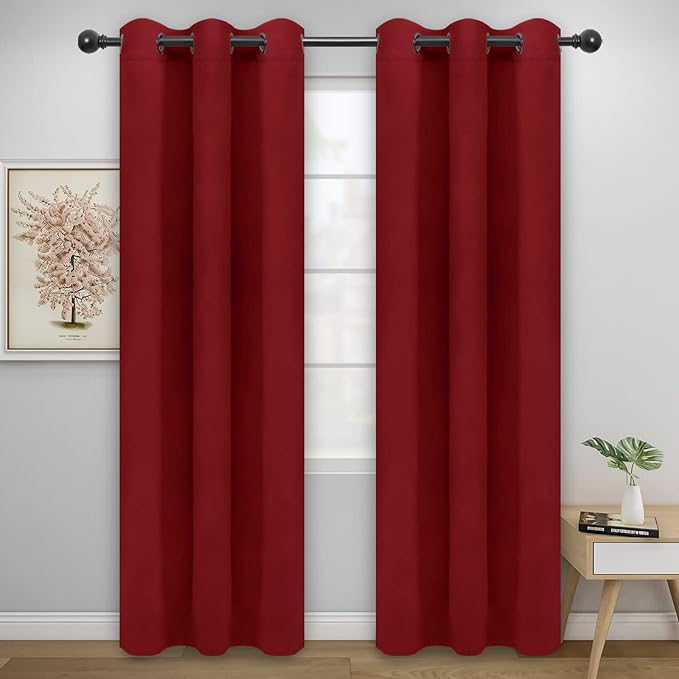 Easy-Going Blackout Curtains for Bedroom, Solid Thermal Insulated Grommet and Noise Reduction Window Drapes, Room Darkening Curtains for Living Room, 2 Panels (42x95 in, Christmas Red)