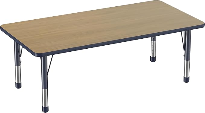 FDP Rectangle (30 x 60 inch) Classroom Table with Adjustable Chunky Toddler Legs (15-24 in); Preschool, Kinder and Daycare Furniture - Pasadena Oak Top/Navy Edge and Legs