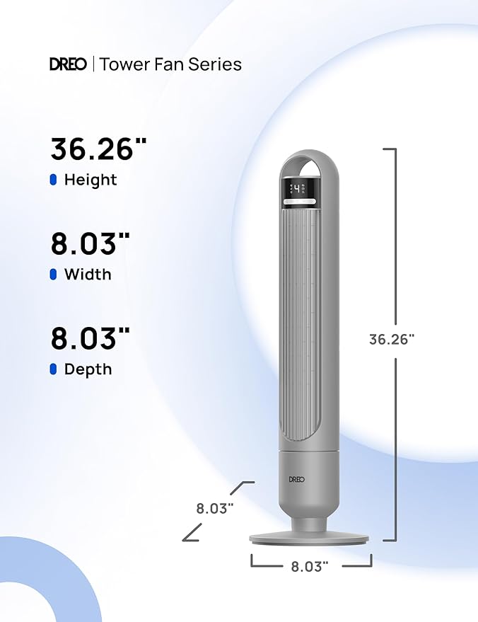 Dreo Tower Fan for Bedroom, 90° Oscillating Fan, Standing Fan with 3 Modes, 4 Speeds, 8H Timer Cooling Fans for Home, Living Room, Office, Grey, TF117