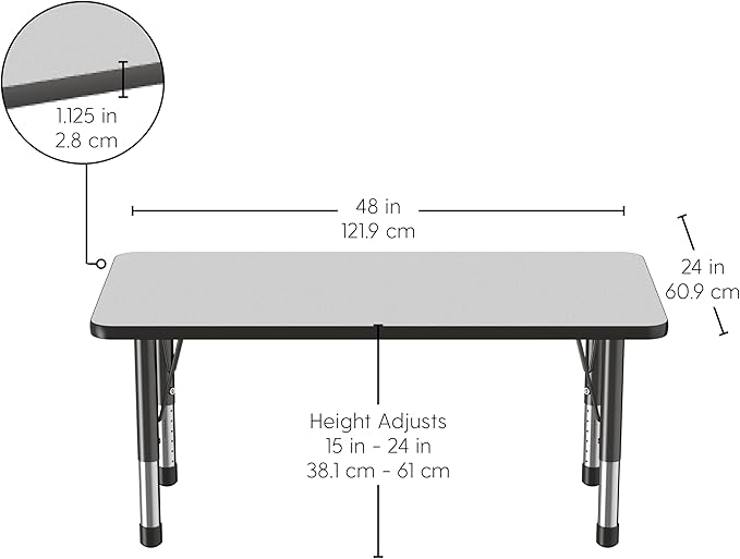 FDP Rectangle Activity School and Kids Classroom Table (24 x 48 inch), Toddler Legs, Adjustable Height 15-24 inches - Gray Top and Black Edge