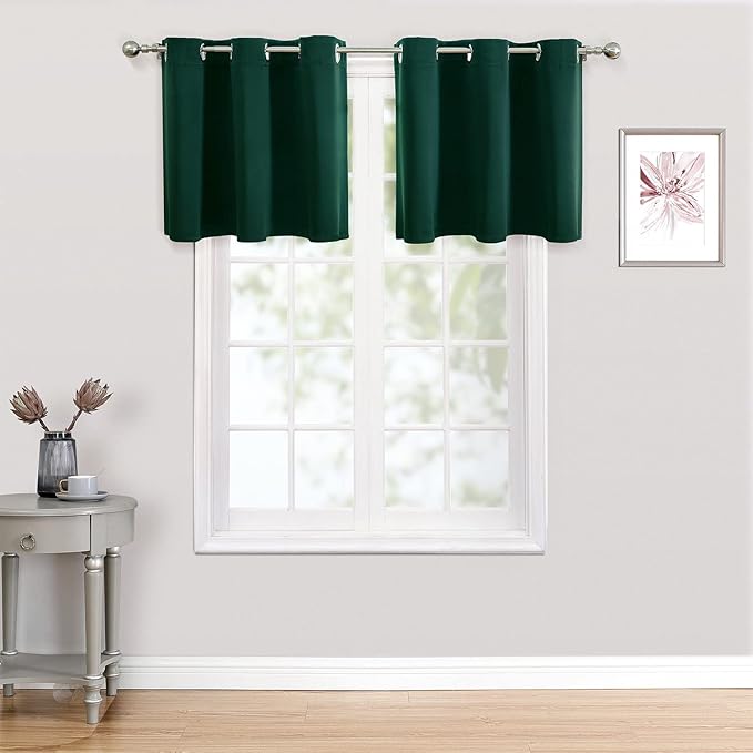 ChrisDowa Small Kitchen Valances for Windows - Grommet Short Thermal Insulated Room Darkening Window Valances Curtains for Living Room (2 Panels, Forest Green, 52 x 18 Inch)