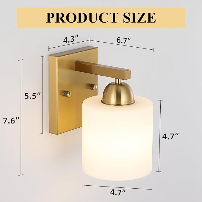 Gold Milk Glass Wall Sconces, 1 Pack Hardwired Indoor Wall Light Fixtures for Living Room, Hallway, Bedroom, Ceramic E26 Sockets (Bulbs Not Included)