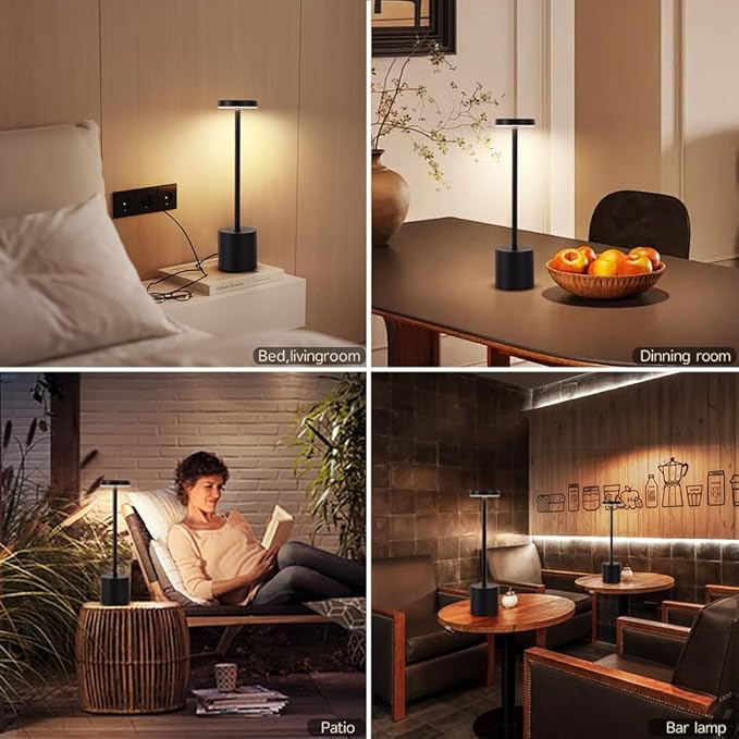 Cordless Table Lamp, 5000mAh Rechargeable Battery Powered LED Desk Lamp, Portable Touch Control Outdoor Table Lamps,3 Color Dimmable Light for Restaurant, Patio, Bedroom, Night Lamp (Black)