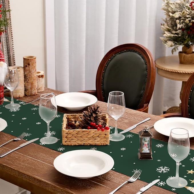 GEEORY Christmas Table Runner 13x48 Inch, Xmas Trees Snowflakes Holiday Decorative Farmhouse Table Decoration for Kitchen Dinning, Indoor Outdoor Dinner Party Decor (Green) GT152-48