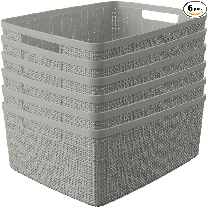 Curver Jute Decorative Plastic Organization and Storage Basket Perfect Bins for Home Office, Closet Shelves, Kitchen Pantry and All Bedroom Essentials, (Set of 6), Grey, Medium