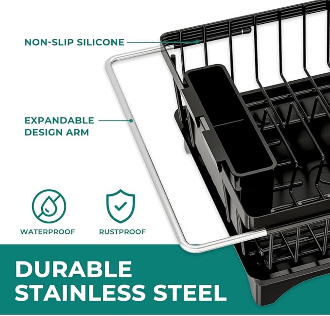 Expandable Dish Drying Rack in Sink, Adjustable Stainless Steel Rustproof Grip Handles Dish Rack Over The Sink, Dish Strainer with Drying Tray & Utensil Holder