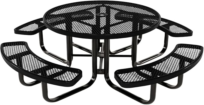 Coated Outdoor Furniture Heavy-Duty Portable Outdoor Kids Table with Umbrella Hole, Expanded Metal Kids Picnic Table, Commercial-Grade, Made in America (46 In, Round, Childrens, Textured Black)