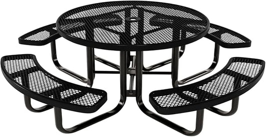 Coated Outdoor Furniture Heavy-Duty Portable Outdoor Kids Table with Umbrella Hole, Expanded Metal Kids Picnic Table, Commercial-Grade, Made in America (46 In, Round, Childrens, Textured Black)