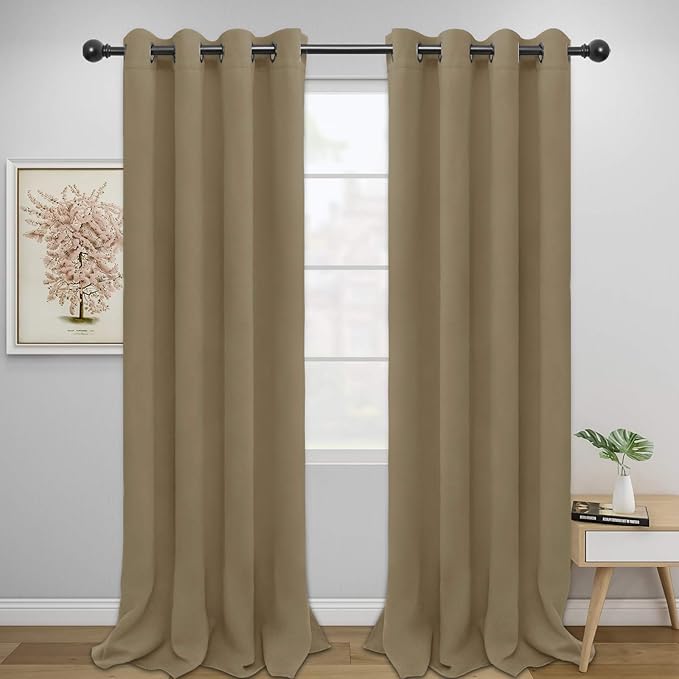 Easy-Going Blackout Curtains for Bedroom, Solid Thermal Insulated Grommet and Noise Reduction Window Drapes, Room Darkening Curtains for Living Room, 2 Panels (52x108 in,Tan)