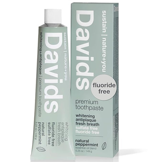 Davids Fluoride Free Toothpaste, Teeth Whitening, Antiplaque, SLS (Sulfate) Free, Promotes Enamel Health, Mouth & Gum Detox, EWG Verified, Peppermint, 5.25oz