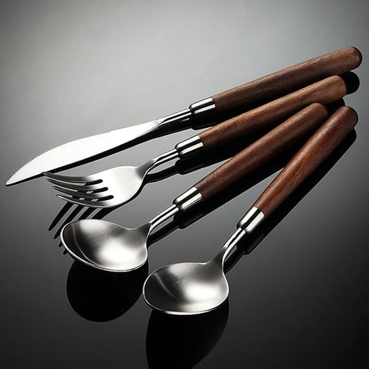 Flatware Set Wood Silverware Set for 12, Cutlery 18/8 Stainless Steel Home Kitchen Utensils Include Knifes Forks and Spoons Tableware Set Durable Dishwasher Safe 48 Piece