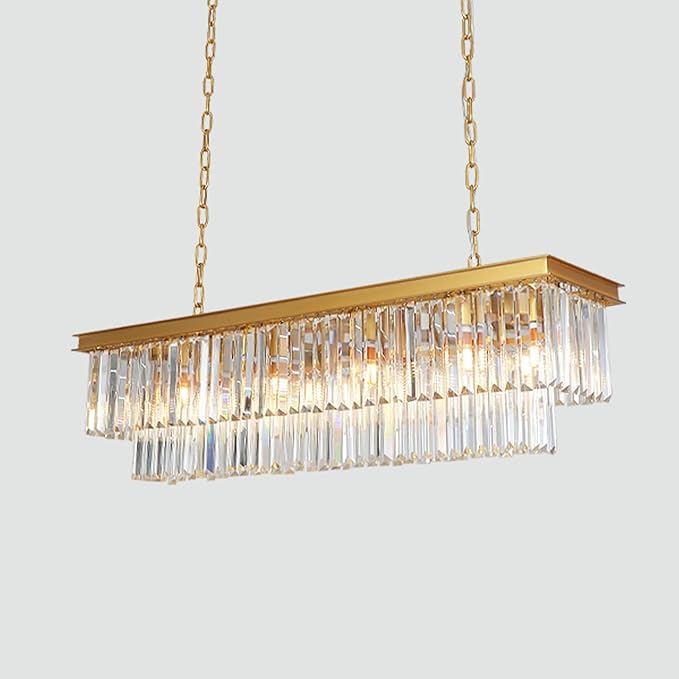 Gold Modern Rectangular Crystal Linear Chandeliers Rectangle Contemporary Pendant Ceiling Light Fixture for Kitchen Island, Dining Room, Bar, 12-Light 47 Inches