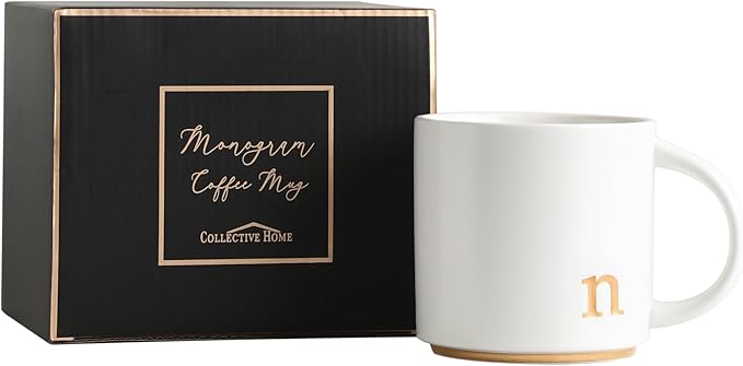 COLLECTIVE HOME - Monogram Ceramic Mugs, 15 oz Golden Initial Coffee Cups, Elegant Alphabet Tea Mugs, Elegant Personalized Mug with Gift Box, Luxurious Cups for Office and Home (n)