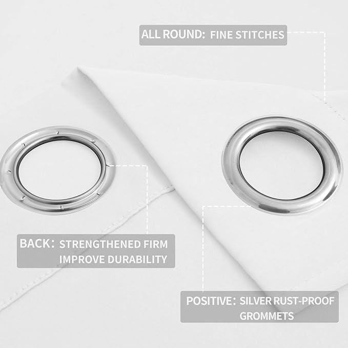 Easy-Going Curtains for Bedroom, Solid Thermal Insulated Grommet and Noise Reduction Window Drapes, Room Darkening Curtains for Living Room, 2 Panels (52x84 in,White)