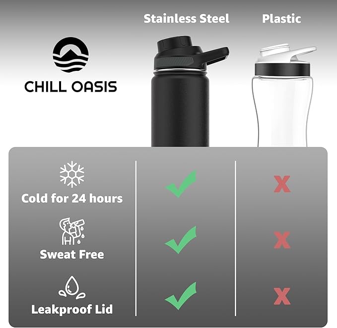 Chill Oasis Water Bottle | Compatible With Popular Flavor Cartridges | BPA Free, Leak Proof, Double-Walled Vacuum Insulated Stainless Steel, and Dishwasher Safe | Cold for 24 Hours (Black, 12oz)
