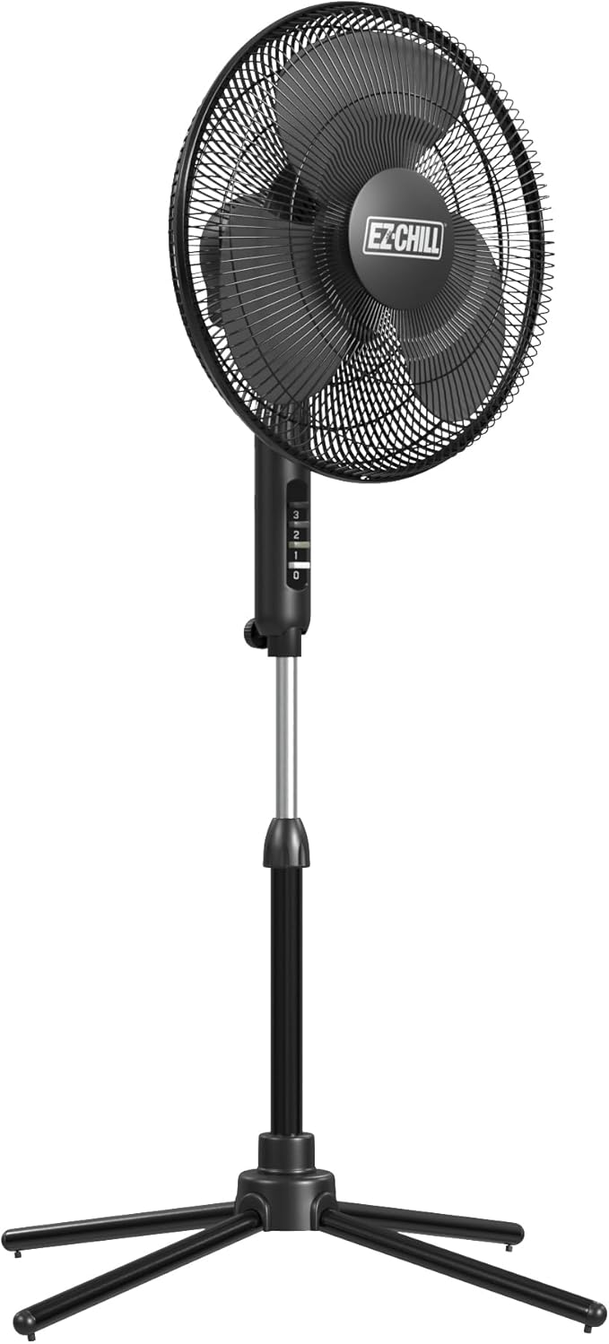 EZ-CHILL 16” Oscillating Pedestal Fan, 3-speed Options, 90-Degree Oscillating Head, Adjustable Height and Tilt, Powerful Air Flow, Black, MTFS-16B-BLK