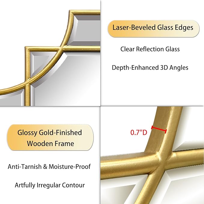 Gold Mirror for Wall, 36x24 Gold Wood Framed, Scalloped Beveled Polished Rectangle Mirror, Large Decorative Mirrors for Wall Decor, Irregular Mirror for Living Room, Bathroom Vanity, Entryway