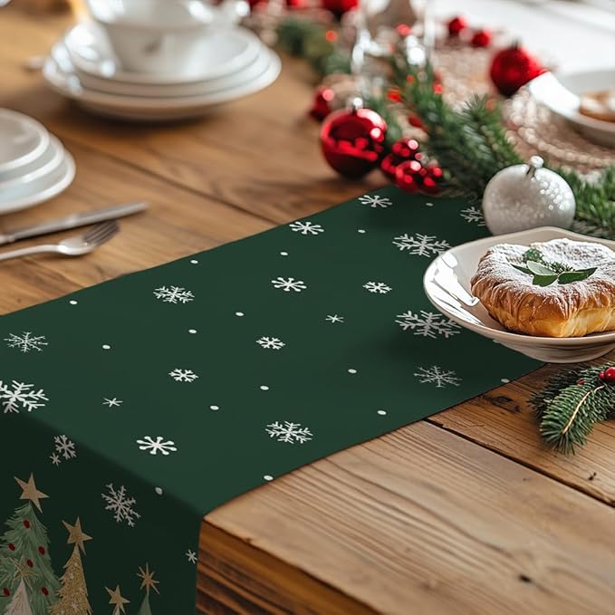 GEEORY Christmas Table Runner 13x72 Inch, Xmas Trees Snowflakes Holiday Decorative Farmhouse Table Decoration for Kitchen Dinning, Indoor Outdoor Dinner Party Decor (Green) GT152-72
