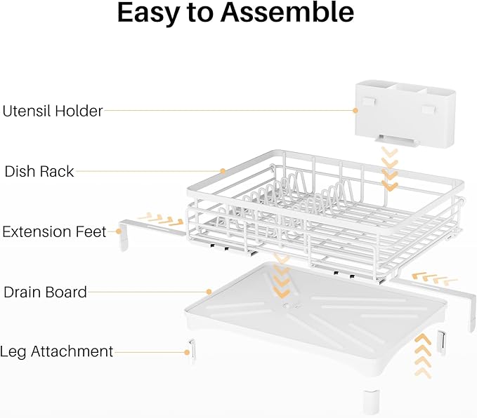 Dish Drying Rack - Extendable Dish Rack, Large Sink Drying Dish Drainer for Kitchen Counter, Stainless Steel Dish Strainer with Utensil Holder (White)