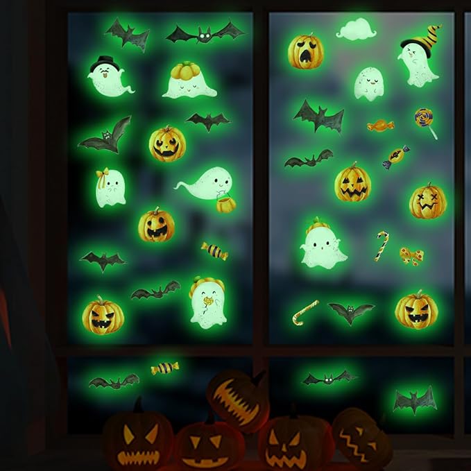 clothmile 3 Sheets Glow in The Dark Halloween Window Clings Luminous Halloween Window Stickers Removable Pumpkin Ghost Bat Wall Decor Glowing Window Clings for Scary Halloween Theme Party Decorations