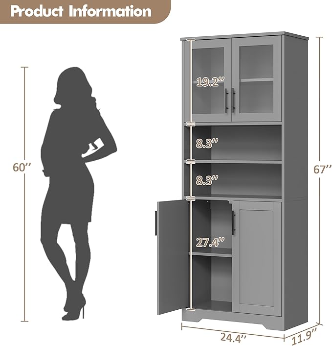 GarveeHome 67" Tall Storage Cabinet, Tall Bathroom Cabinet with Glass Doors and Adjustable Shelves, Freestanding Kitchen Pantry Cabinets, Cupboard for Living Room, Dining Room, Gray