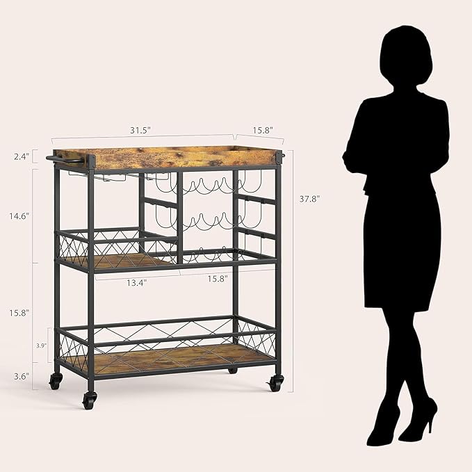 Gizoon Bar Cart, 3 Tier Coffee Cart with Lockable Wheels, 12-Bottle Wine Rack, and Hanging Glass Holder, Kitchen Rack with Removable Tray, for Kitchen, Dining Room, Entertaining, Club Party,Retro
