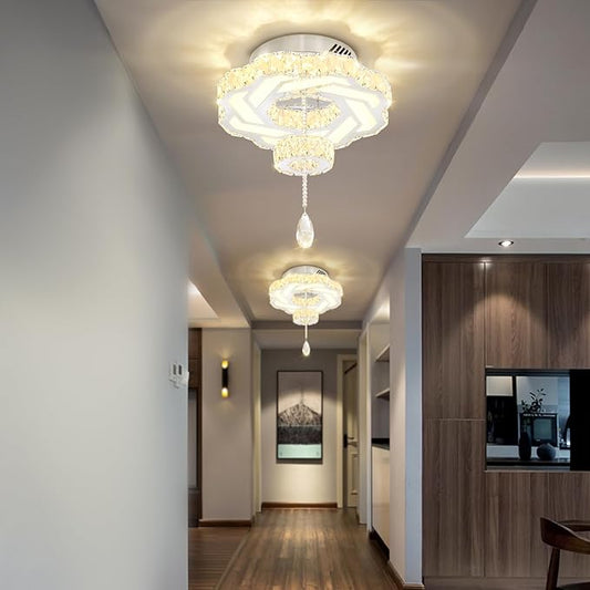 Flashing God 16 Inch Mini Chandelier Modern Crystal Chandeliers Light Semi Flush Mount Ceiling Light Fixture Small Silver Chandelier for Bedroom Hallway Kitchen Foyer